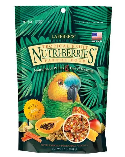 Vibrant 10oz pack of Lafeber's Tropical Fruit Nutri-Berries for parrots, featuring colorful, compact balls of papaya, pineapple, and mango.