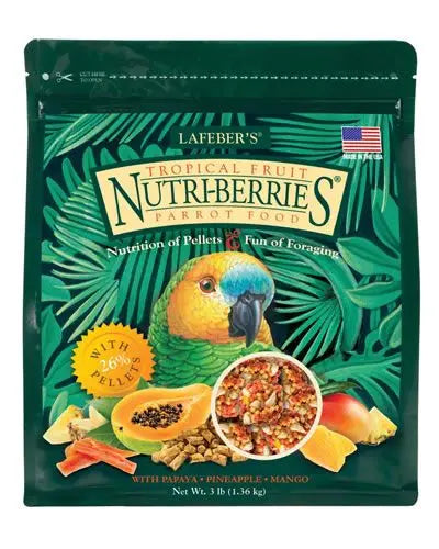 Vibrant 3lb pack of Lafeber's Tropical Fruit Nutri-Berries for parrots, featuring colorful, compact balls of papaya, mango, and pineapple.