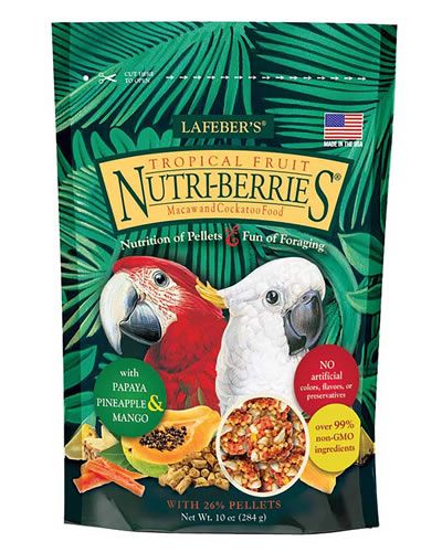 Vibrant 10oz Macaw Tropical Fruit Nutri-Berries by Lafeber's, featuring colorful, compact balls of papaya, pineapple, and mango for birds.