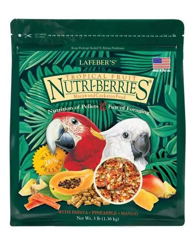 Vibrant Tropical Fruit Nutri-Berries for Macaws by Lafeber's, featuring colorful papaya, pineapple, and mango bits in compact, easy-to-eat balls.