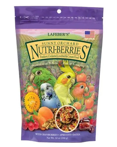 Vibrant 10oz pack of Lafeber's Sunny Orchard Nutri-Berries for small birds, featuring colorful, compact balls of sweet apricots, raisins, and cranberries.