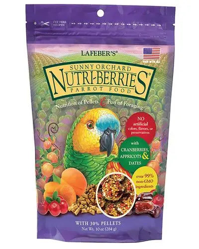 Vibrant 10oz pack of Lafeber's Sunny Orchard Nutri-Berries for parrots, featuring colorful, fruity balls with apricots and cranberries.