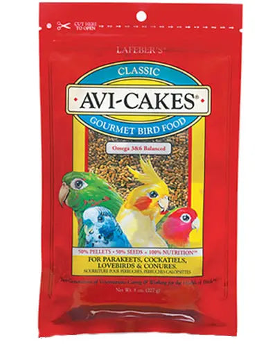 Delicious 8oz Lafeber Original Avi-Cakes for parakeets and cockatiels, featuring a square, chewable blend of seeds and pellets.