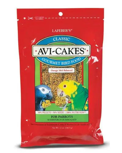 Vibrant 12oz pack of Lafeber's Original Avi-Cakes for parrots, featuring square, chewable treats packed with seeds and pellets.