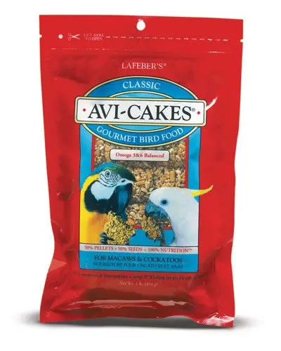 Crunchy square Avi-Cakes for cockatoos and macaws, packed with premium seeds and pellets in a molasses binder.