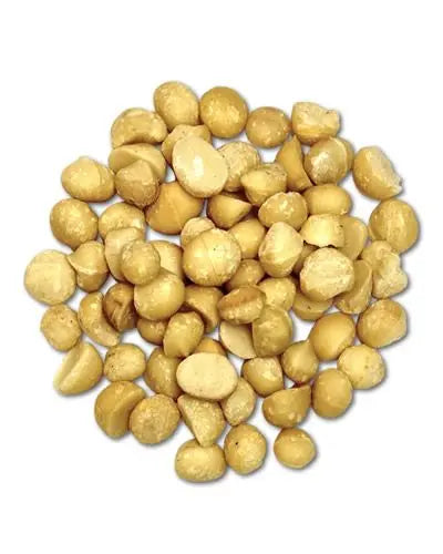 Shelled macadamia nut halves in a 20lb pack, perfect for birds, with a natural, preservative-free look for healthy snacking.