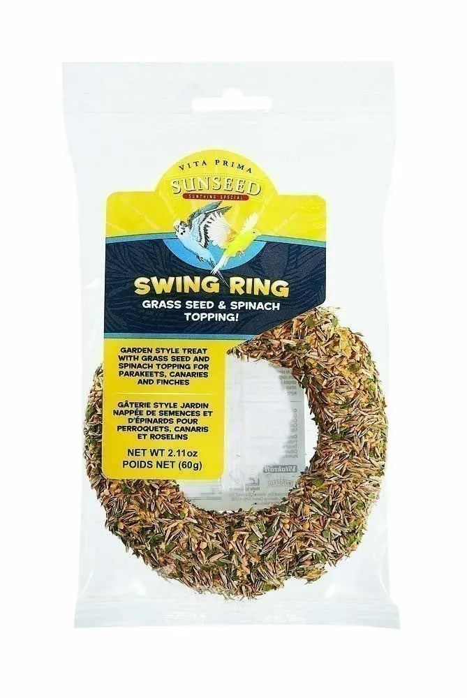 Delightful Grass & Spinach Swing Ring by Sun Seed Vita Prima, featuring a softwood center coated with crunchy biscuits, grass seed, and vibrant spinach, complete with a handy hanging clip.