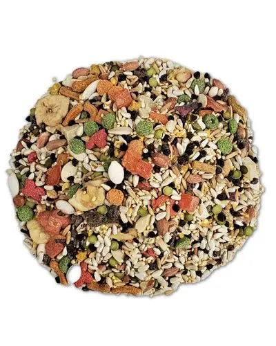 Vibrant mix of tropical fruits, veggies, and seeds in Sun Seed Large Hookbill Vita, bursting with colorful nutrition.
