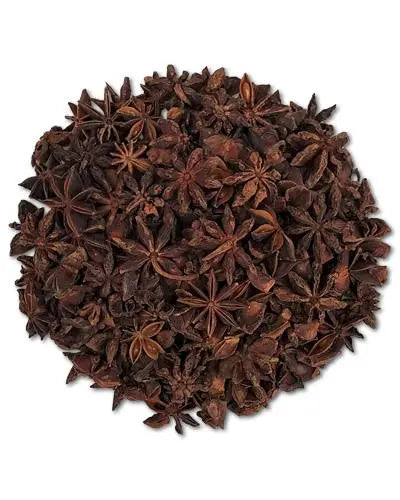 Beautiful whole Star Anise seeds in a rich brown hue, showcasing their unique star-shaped pods, sold per 1/2 lb.