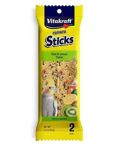 Delicious Vitakraft Kiwi Lemon Cockatiel Crunch Stick with vibrant kiwi bits, zesty lemon, and wholesome grass seeds for birds.