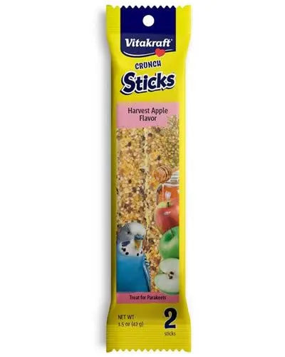 Crunchy Vitakraft Harvest Apple Parakeet Crunch Sticks with real apple, carrot, and grains, featuring a wood chew center.