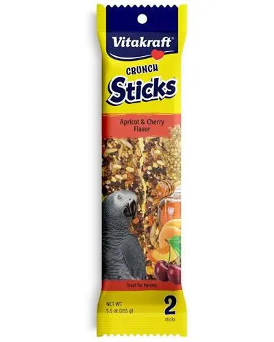 Vibrant Vitakraft Crunch Sticks for parrots, featuring apricot and cherry flavors with sunflower seeds, in a 2-pack.