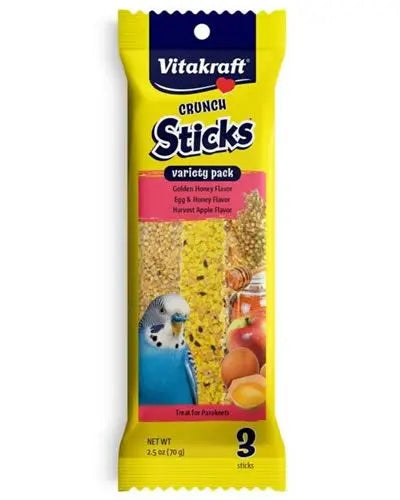 Three colorful Vitakraft parakeet Crunch Sticks in Golden Honey, Egg & Honey, and Harvest Apple flavors, showcasing their triple-baked, crunchy layers.