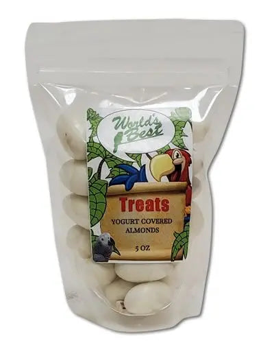 Crunchy almonds coated in creamy yogurt, packaged in a 5oz bag from World's Best Treats, perfect for a sweet snack.