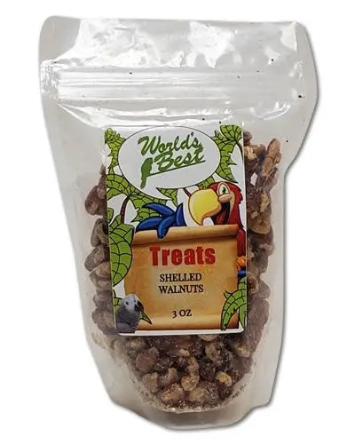 Crunchy shelled walnuts in a 3oz pack from World's Best Treats, perfect for birds with their natural, nutty goodness.