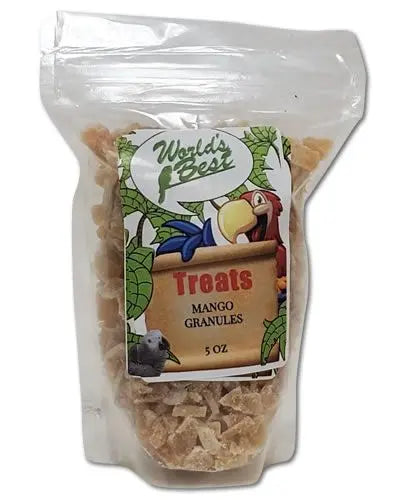 Vibrant orange mango granules in a 5oz pack, a tropical, nutritious treat perfect for birds from World's Best Treats.