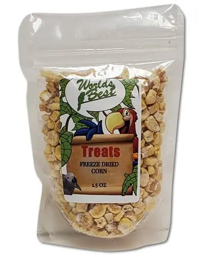 Bright yellow freeze-dried corn kernels in a 1.5oz pack, perfect as a nutritious treat for birds.
