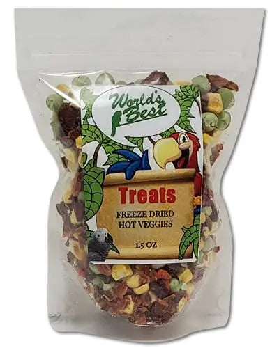 Sizzling mix of freeze-dried hot veggies in a 1.5oz pack, bursting with vibrant colors and spicy flavors for a tasty snack.
