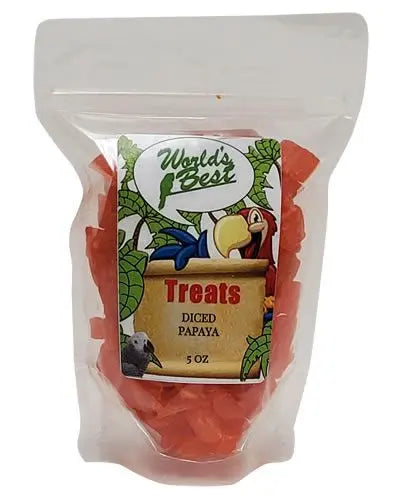 Vibrant, golden diced papaya pieces in a 5oz pack, perfect as a sweet, tropical treat for birds.