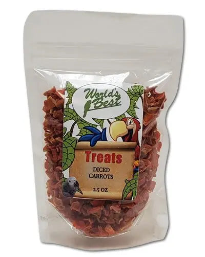 Vibrant, freshly diced carrots in a 2.5oz pack, perfect as a nutritious treat for birds with a bright orange hue.