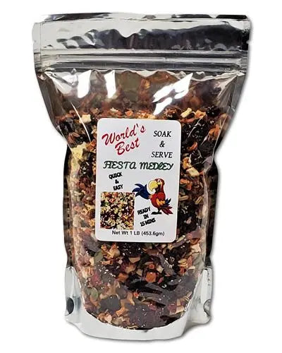 Vibrant Soak & Serve Fiesta Medley bird food mix in a 1lb bag, showcasing a colorful blend of natural, healthy ingredients for all bird sizes.