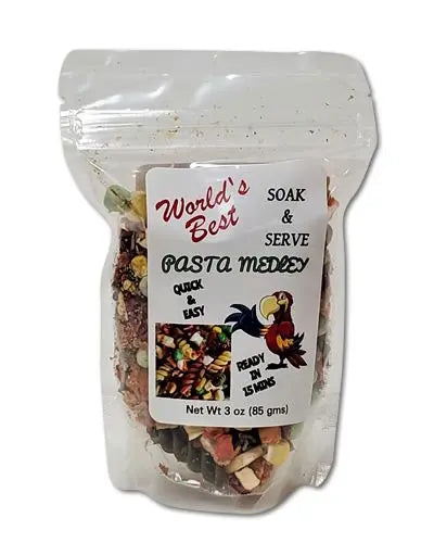 Colorful Soak & Serve Pasta Medley 3oz package, a vibrant, all-natural bird food mix perfect for all bird sizes.