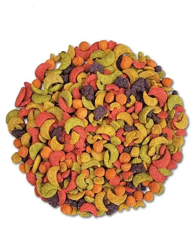 Vibrant mix of Zupreem Large Parrot Fruit Blend pellets, bursting with colorful fruit flavors for macaws and cockatoos.