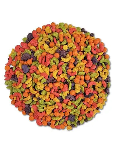 Vibrant Zupreem Fruit Blend bird food pellets in a mix of fruity colors, designed for medium to large parrots like Conures and Amazons.