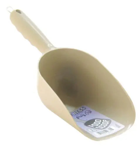 Handy 2 Cup Plastic Food Scoop in durable clear plastic, measuring 12 inches long and 4 inches wide, perfect for everyday use.