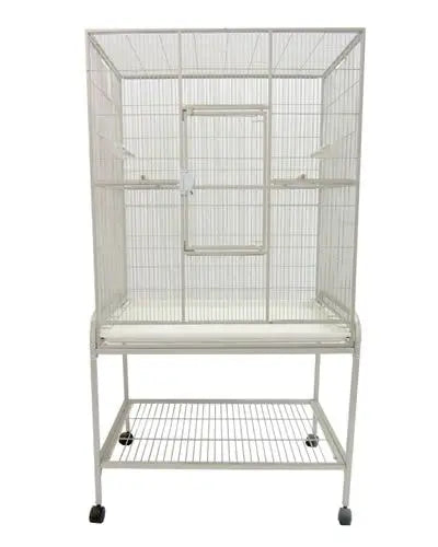Spacious 32x21 double stack flight cage by A&E, featuring vertical bars, two large doors, perches, and a sturdy stand.