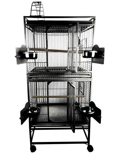 Sleek black A&E Bird Cage Double Stack with a fun play top, featuring ladders, perches, and a spacious 24x22x64 design for pet birds.