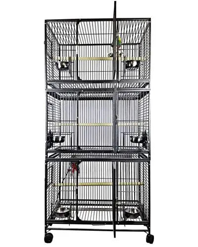 Triple stack bird cage by A&E, measuring 36x24x76 inches, featuring secure locks, stainless steel cups, and a durable, non-toxic powder coating.