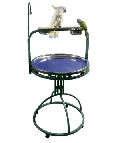 Rolling bird play stand with a 28-inch diameter, featuring a toy hook, stainless steel cups, and a sturdy wood perch.