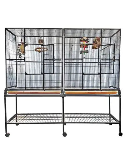 Spacious 64x21 double flight bird cage with a divider, featuring a durable powder-coated finish, perches, and feeder stations.