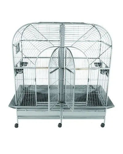 Spacious 64x32x62 stainless steel double macaw cage with secure locks, feeder cups, perches, and easy-rolling casters for large birds.