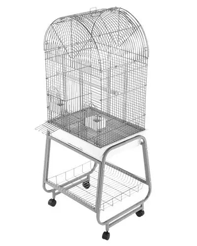 Spacious 22"x17" dome-top bird cage with a playful open top, sturdy metal stand, and easy-roll casters for small birds.