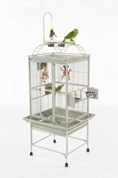 Spacious 24x22 powder-coated AE bird cage with a fun play top, featuring ladders, perches, and a toy hook for pet birds.