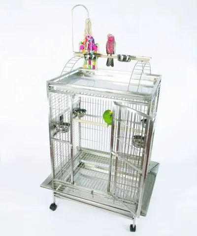 Spacious 36x28 stainless steel A&E bird cage with a fun play top, ladders, perch, and toy hook for large birds like African Greys.