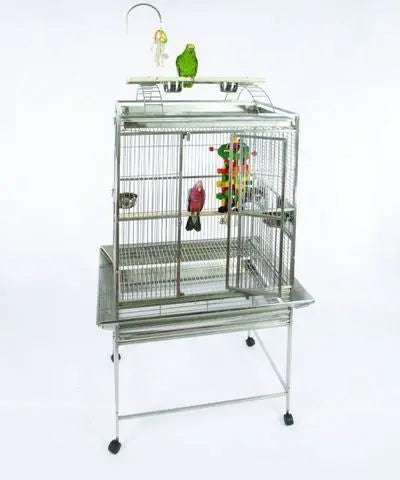 Spacious 32x23 stainless steel A&E bird cage with a play top, ladders, perch, and toy hook for interactive bird fun.