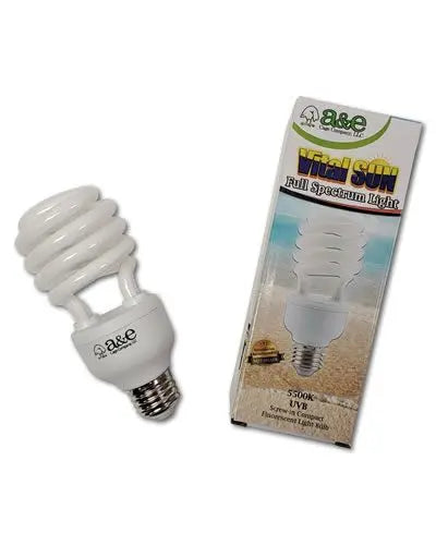 Bright 23-watt spiral full spectrum bulb by A&E Cage Co., emitting UVA and UVB light for bird health and vibrant visuals.
