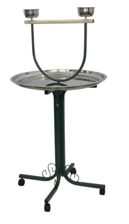 Sleek 28" black T-shaped bird playstand with casters, featuring a stainless steel dish, ornate base, and wooden perch.