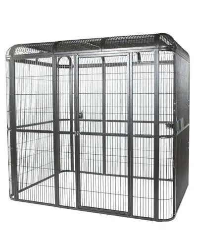Spacious 110"x62" black walk-in aviary by A&E Cage Co., featuring a sturdy powder-coated finish and secure key lock door.