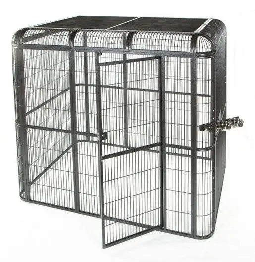 Sturdy black powder-coated walk-in aviary base with heavy-duty wheels, slide-out grates, and trays for easy maintenance.