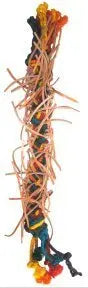 Vibrant bird toy with a thick, colorful sisal braid and hidden strips of bird-safe leather, perfect for large parrots.