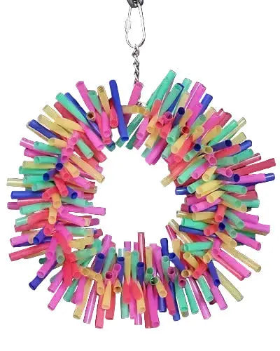 Vibrant neon-colored straws woven into a 9-inch wreath, perfect as a foraging bird toy for small to medium birds.