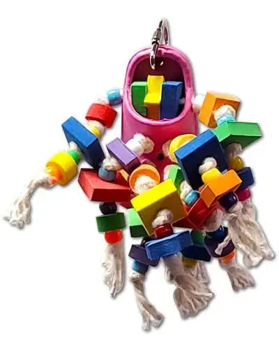 Colorful Walk This Way bird toy with foam shapes, beads, and a rope dangling from a quirky foam clog for small birds.