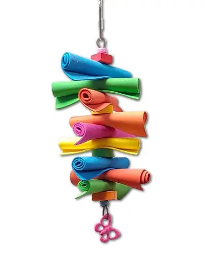 Vibrant foam rollers bird toy with colorful rolled foam, textured separators, and beaded shapes, perfect for small birds.