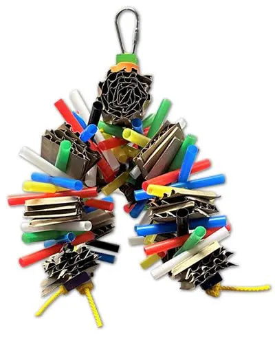 Colorful bird toy with a corrugated paper cylinder and cascading straw strands, perfect for small to medium birds to shred.
