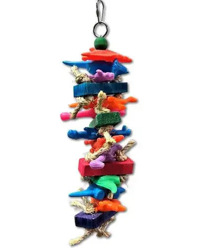 Colorful bird toy with wooden blocks, plastic animals, and sisal rope knots, hung by a sturdy metal chain for playful fun.