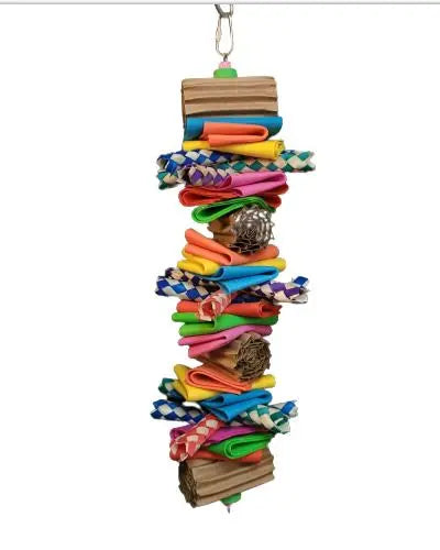 Vibrant bird toy with colorful corrugated rolls, folded foam, and finger traps dangling on a wire, perfect for medium birds.